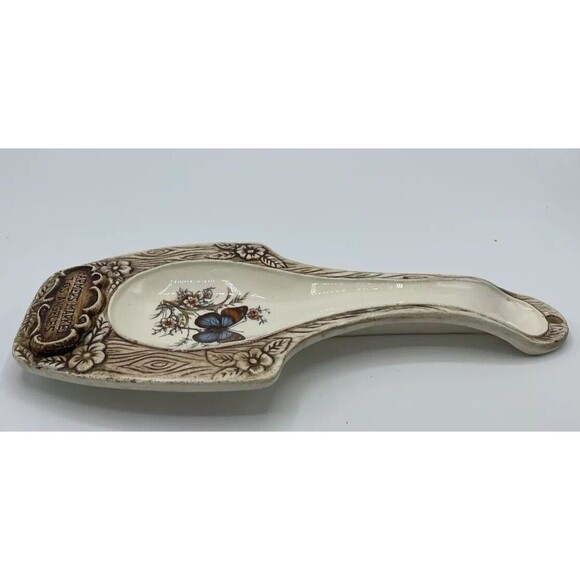 Vintage Treasure Craft Spoon Rest Butterfly Wood Look Farmers Market LA Souvenir - Picture 5 of 9